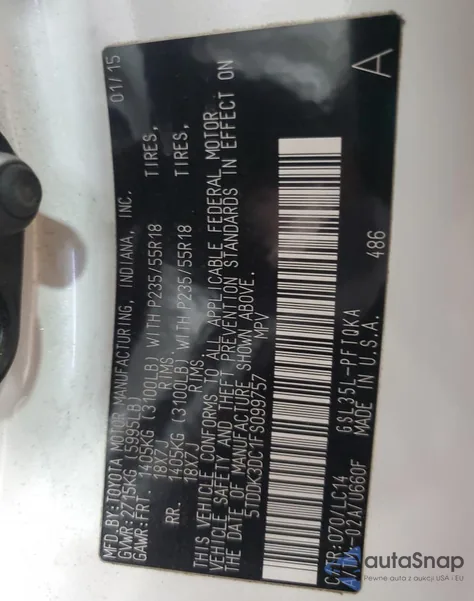 2015 Toyota Sienna Xle z USA, uszkodzony, nr VIN 5TDDK3DC1FS099757